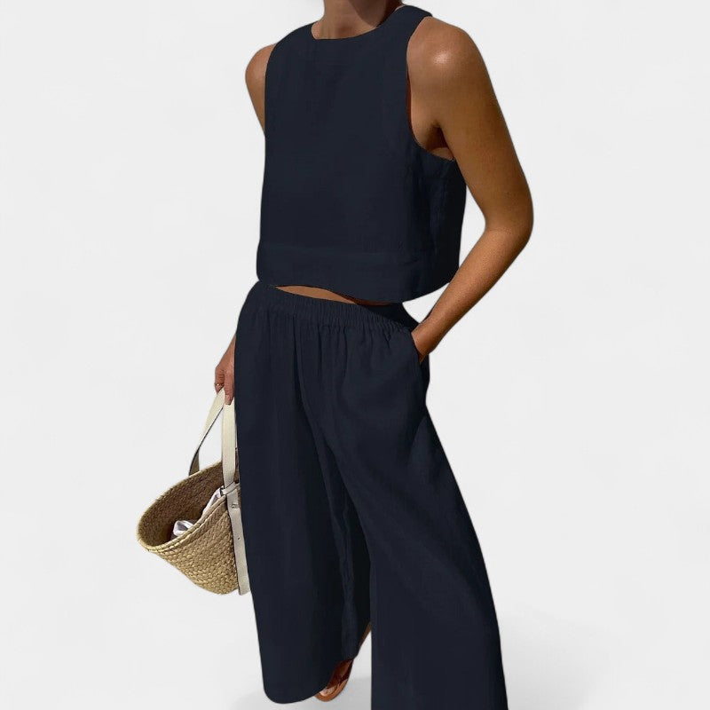 Gleame.-Outfit sets-Gleame Outfit Set - Mouwloos katoenen overhemd met stropdas en wijde broek
