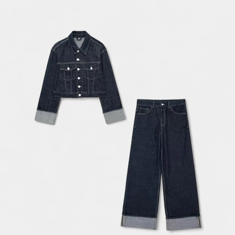 Gleame.-Outfit sets-Gleame Outfitset - Casual denim set met lange mouwen