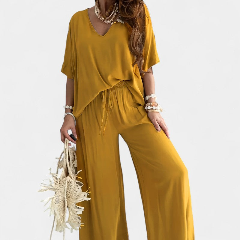 Gleame.-Outfit sets-Gleame Outfitset - Casual set met half mouw V-hals top en wijde broek