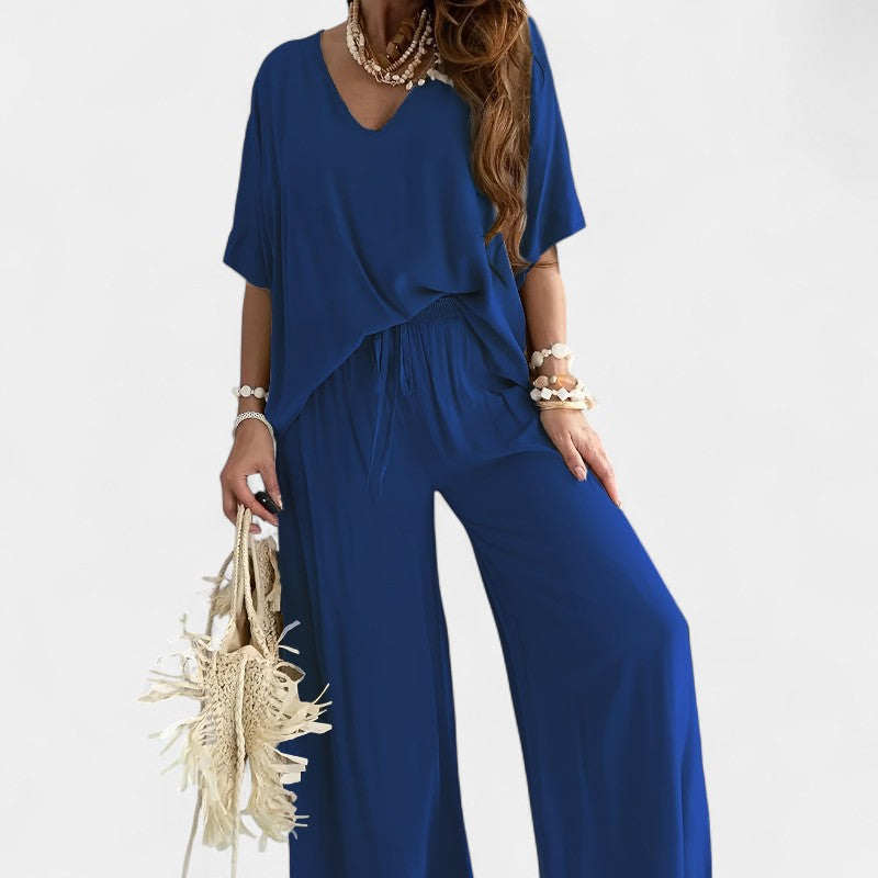 Gleame.-Outfit sets-Gleame Outfitset - Casual set met half mouw V-hals top en wijde broek