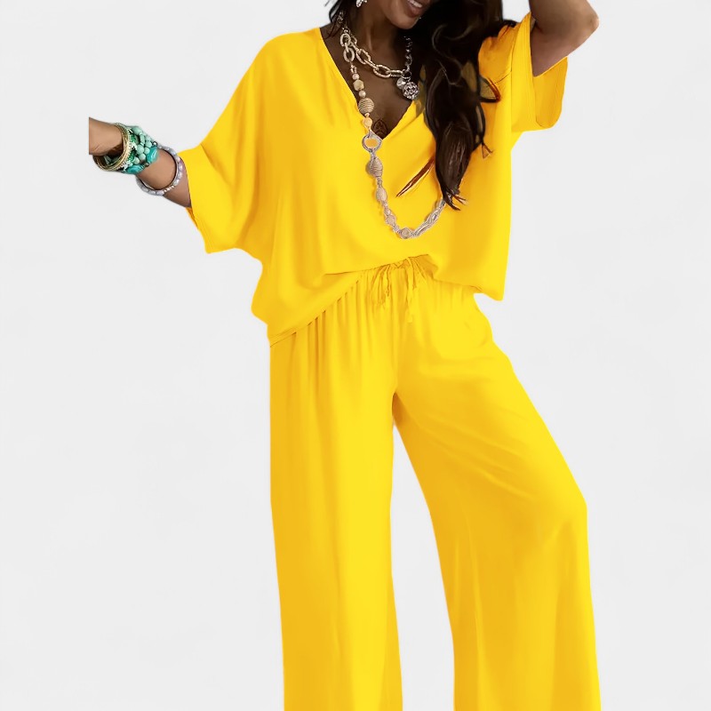 Gleame.-Outfit sets-Gleame Outfitset - Casual set met half mouw V-hals top en wijde broek