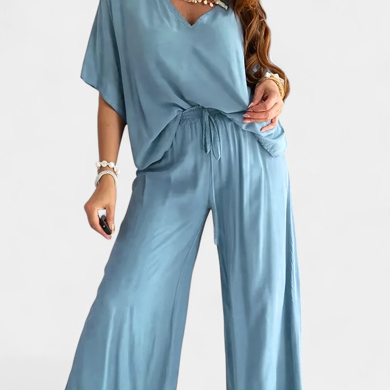 Gleame.-Outfit sets-Gleame Outfitset - Casual set met half mouw V-hals top en wijde broek