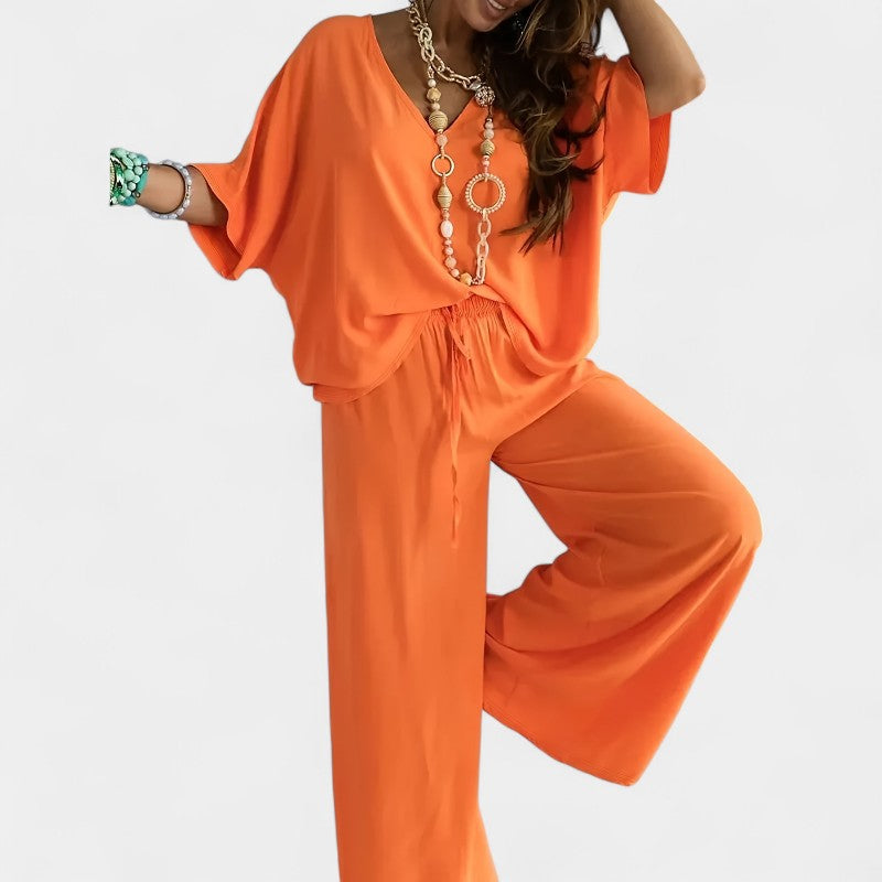 Gleame.-Outfit sets-Gleame Outfitset - Casual set met half mouw V-hals top en wijde broek