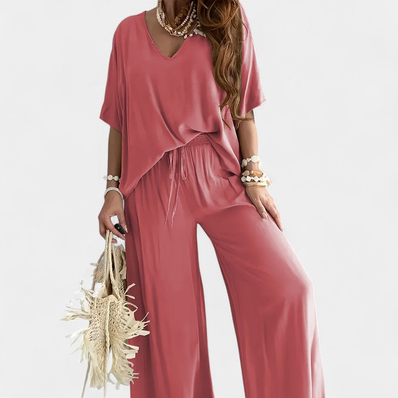 Gleame.-Outfit sets-Gleame Outfitset - Casual set met half mouw V-hals top en wijde broek