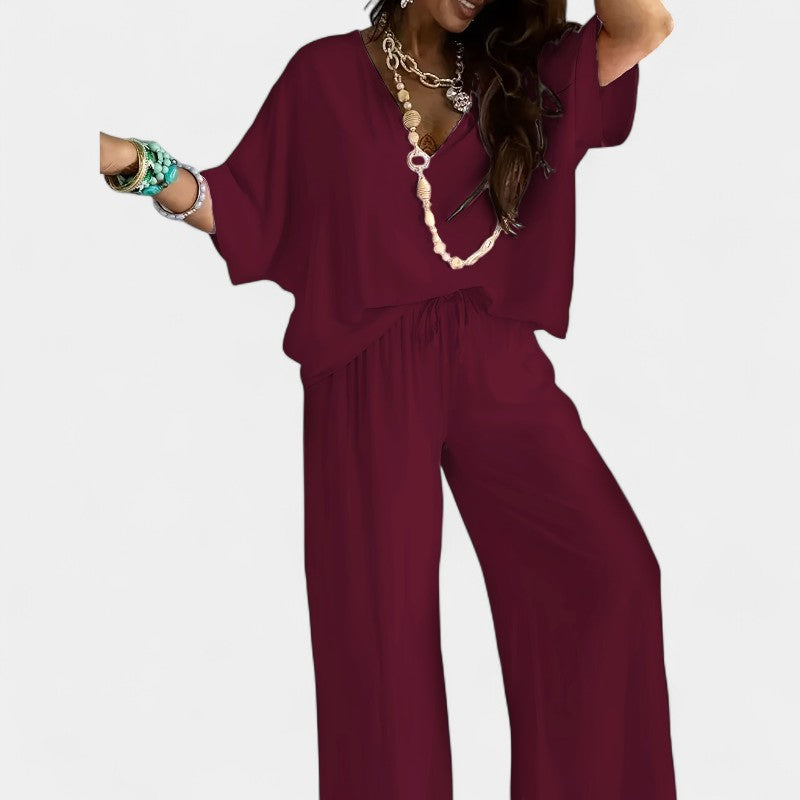 Gleame.-Outfit sets-Gleame Outfitset - Casual set met half mouw V-hals top en wijde broek