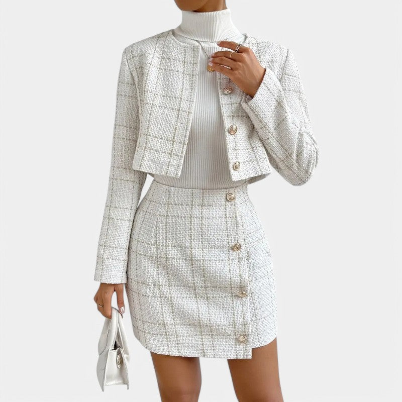 Gleame.-Outfit sets-Gleame Set - Elegant plaidtweedelig set met korte rok