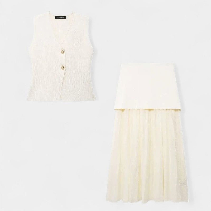 Gleame Tweedelige Outfit Set - Vrouwelijke set van lange rok en gilet