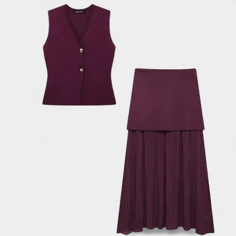 Gleame Tweedelige Outfit Set - Vrouwelijke set van lange rok en gilet