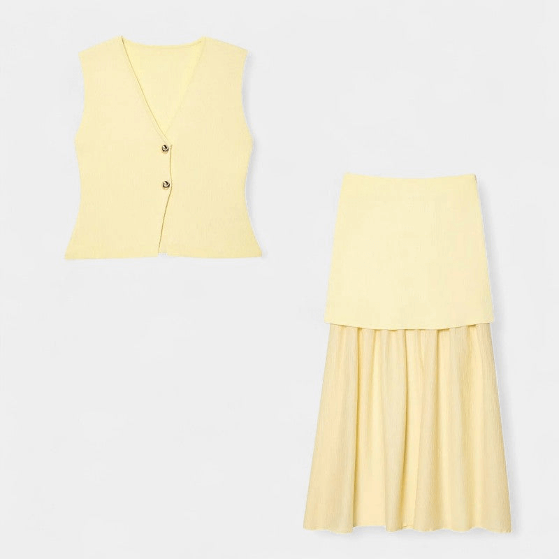 Gleame Tweedelige Outfit Set - Vrouwelijke set van lange rok en gilet