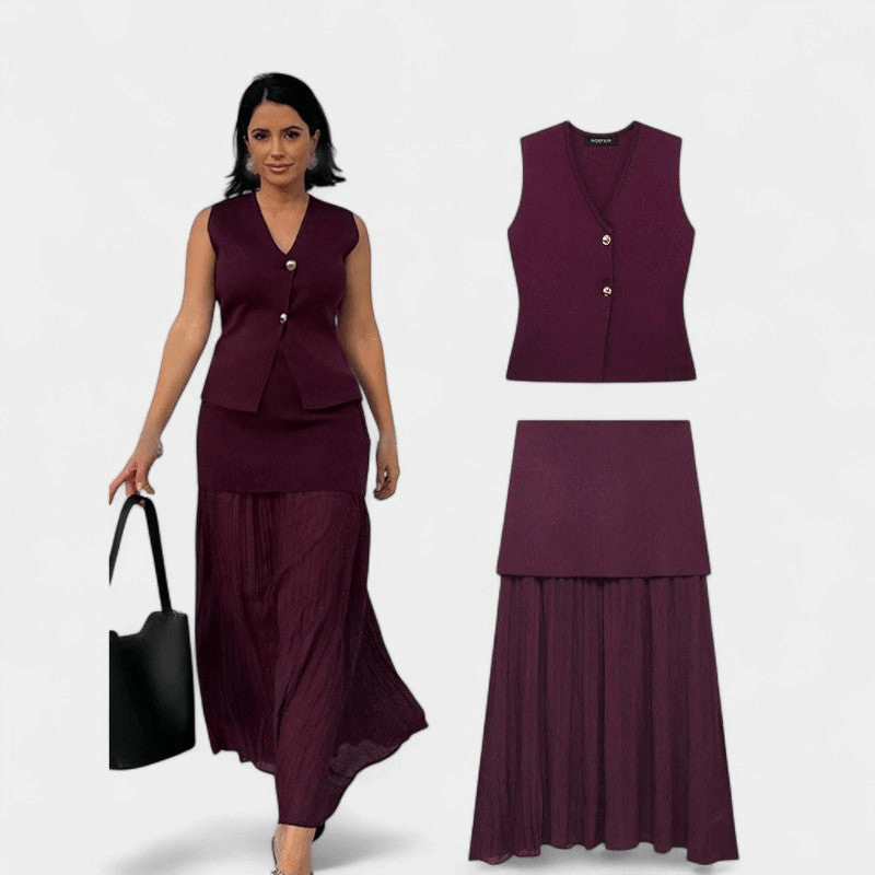 Gleame Tweedelige Outfit Set - Vrouwelijke set van lange rok en gilet