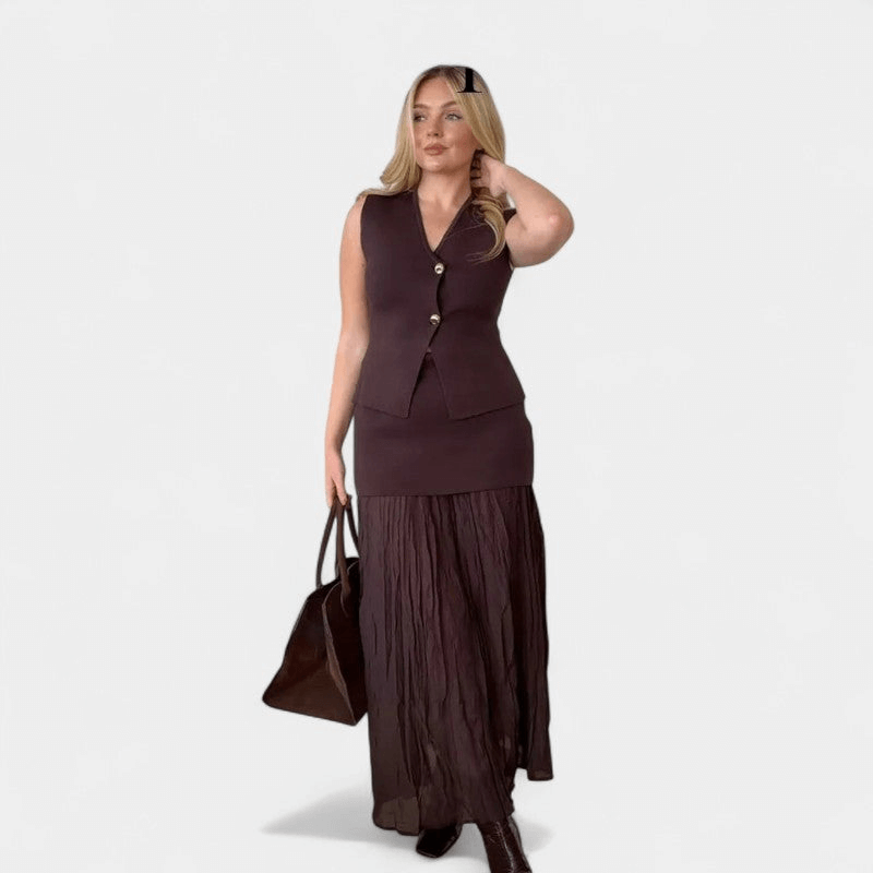 Gleame Tweedelige Outfit Set - Vrouwelijke set van lange rok en gilet