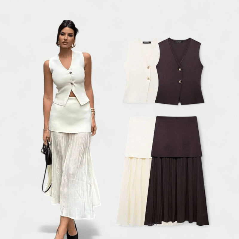 Gleame Tweedelige Outfit Set - Vrouwelijke set van lange rok en gilet