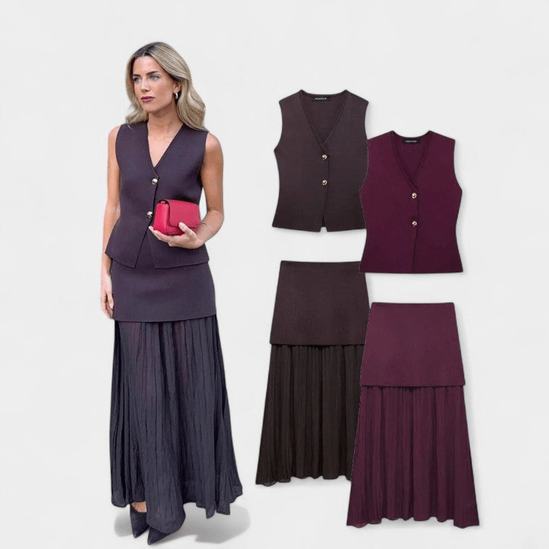 Gleame Tweedelige Outfit Set - Vrouwelijke set van lange rok en gilet