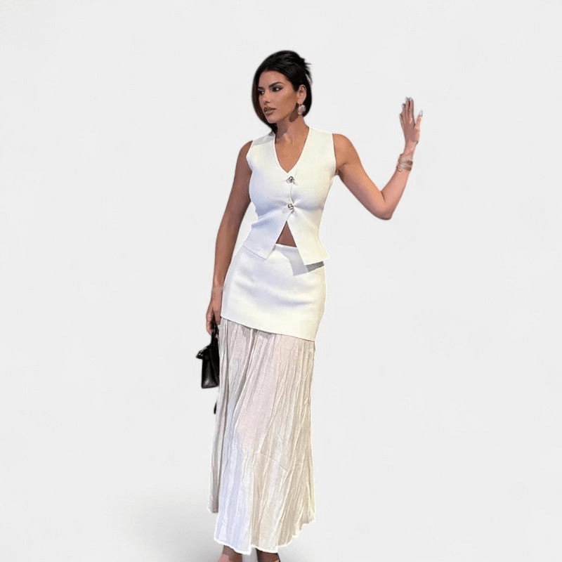 Gleame Tweedelige Outfit Set - Vrouwelijke set van lange rok en gilet