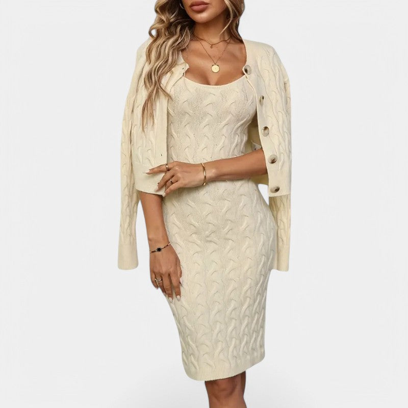 Gleame.-Outfit sets-Gleame Tweedelige Set - Elegant gebreide set van jurk met vest