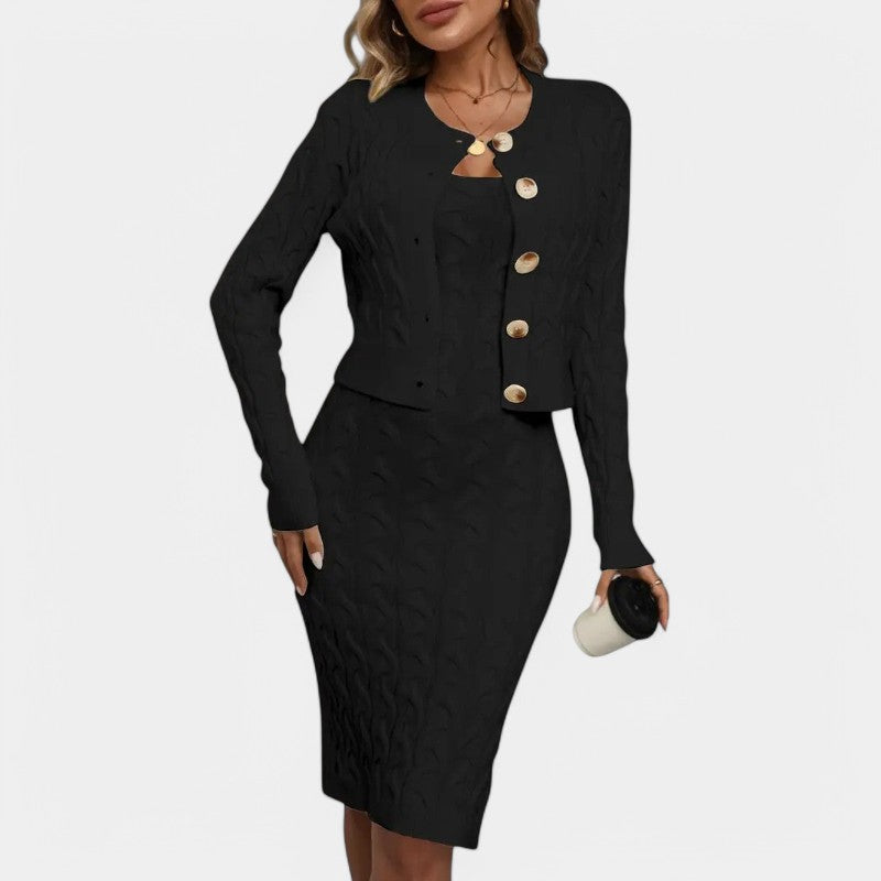Gleame.-Outfit sets-Gleame Tweedelige Set - Elegant gebreide set van jurk met vest