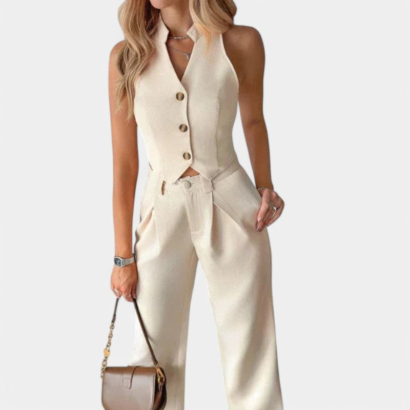 Gleame.-Outfit sets-Gleame Tweedelige Set - Gilet en rechte lange broek voor vrouwen