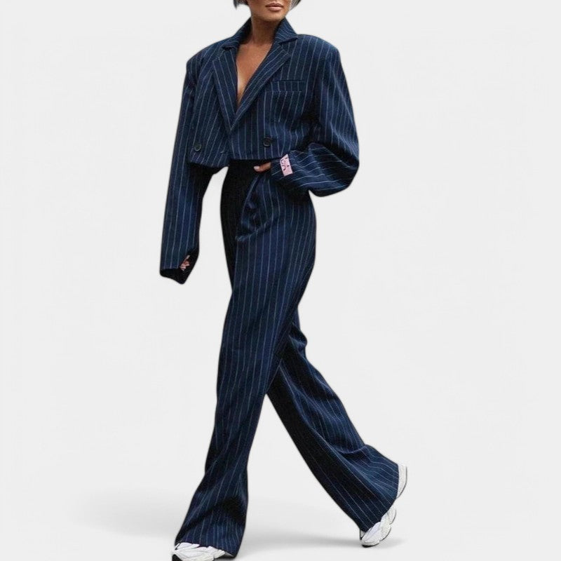 Gleame.-Outfit sets-Gleame dames pak - Cropped blazer met streepdessin en wijde broek