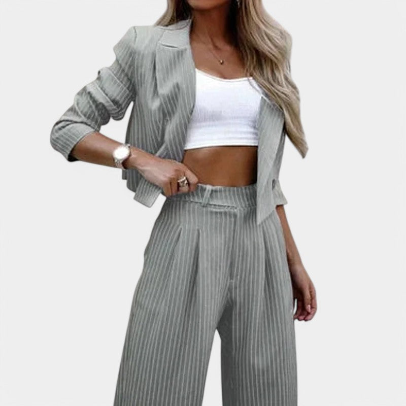 Gleame.-Outfit sets-Gleame dames pak - Cropped blazer met streepdessin en wijde broek