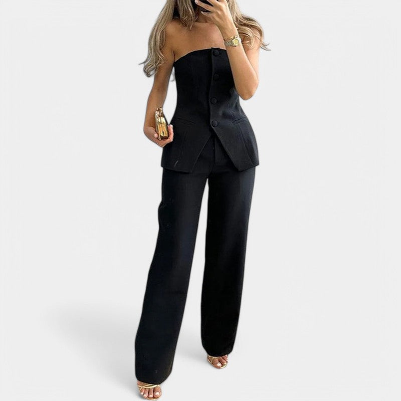 Gleame.-Outfit sets-Gleame pantalonpak - Strapless bustier top met wijde broek