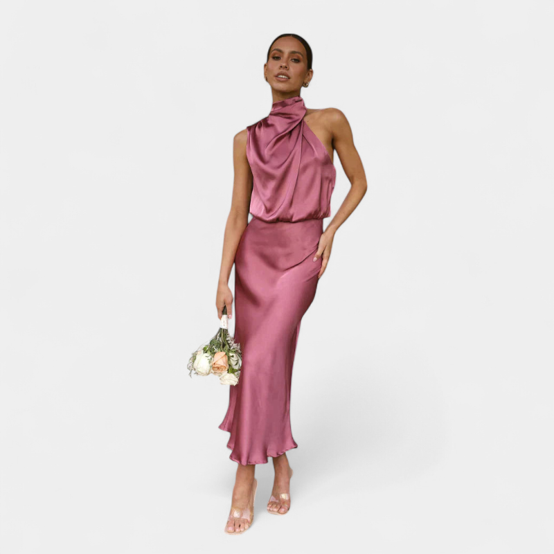 Gleame.-Party dress-Gleame Jurk - Satijnen midi-jurk met halternek en elegante plooival