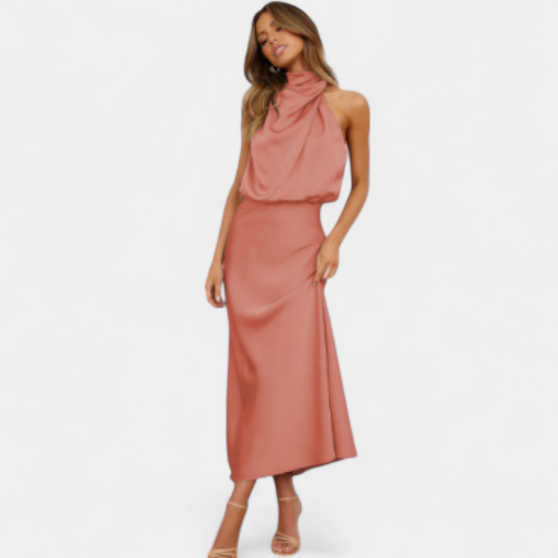 Gleame.-Party dress-Gleame Jurk - Satijnen midi-jurk met halternek en elegante plooival