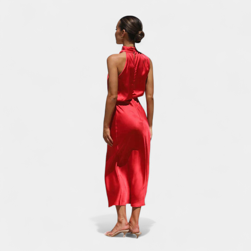 Gleame.-Party dress-Gleame Jurk - Satijnen midi-jurk met halternek en elegante plooival
