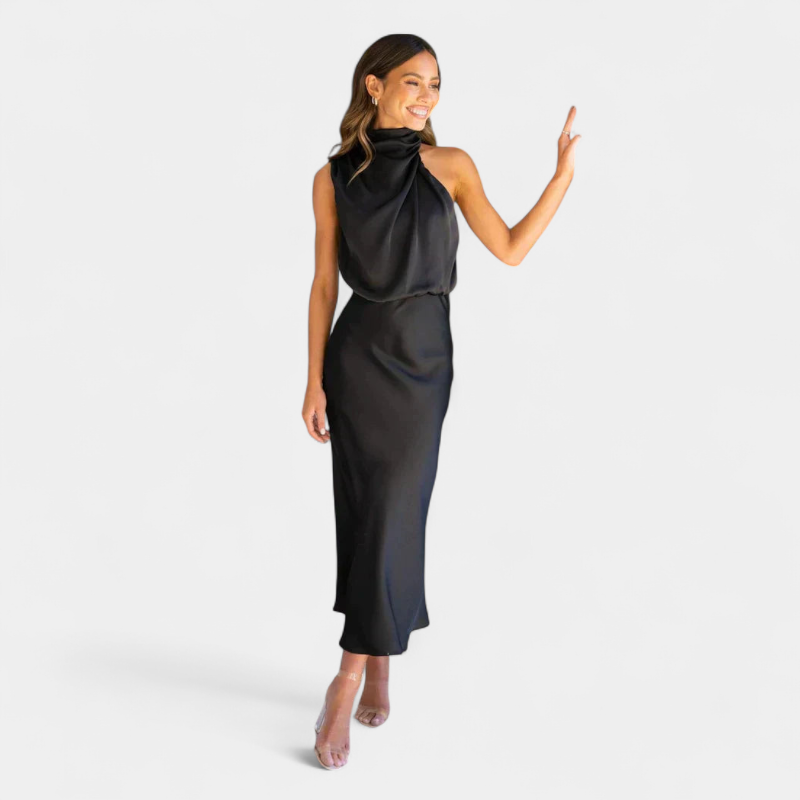 Gleame.-Party dress-Gleame Jurk - Satijnen midi-jurk met halternek en elegante plooival