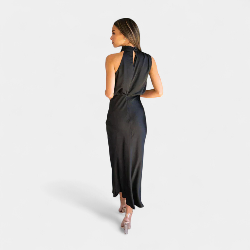 Gleame.-Party dress-Gleame Jurk - Satijnen midi-jurk met halternek en elegante plooival