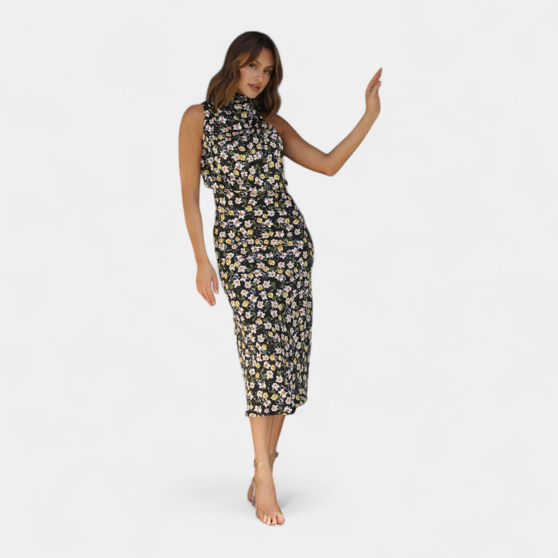 Gleame.-Party dress-Gleame Jurk - Satijnen midi-jurk met halternek en elegante plooival