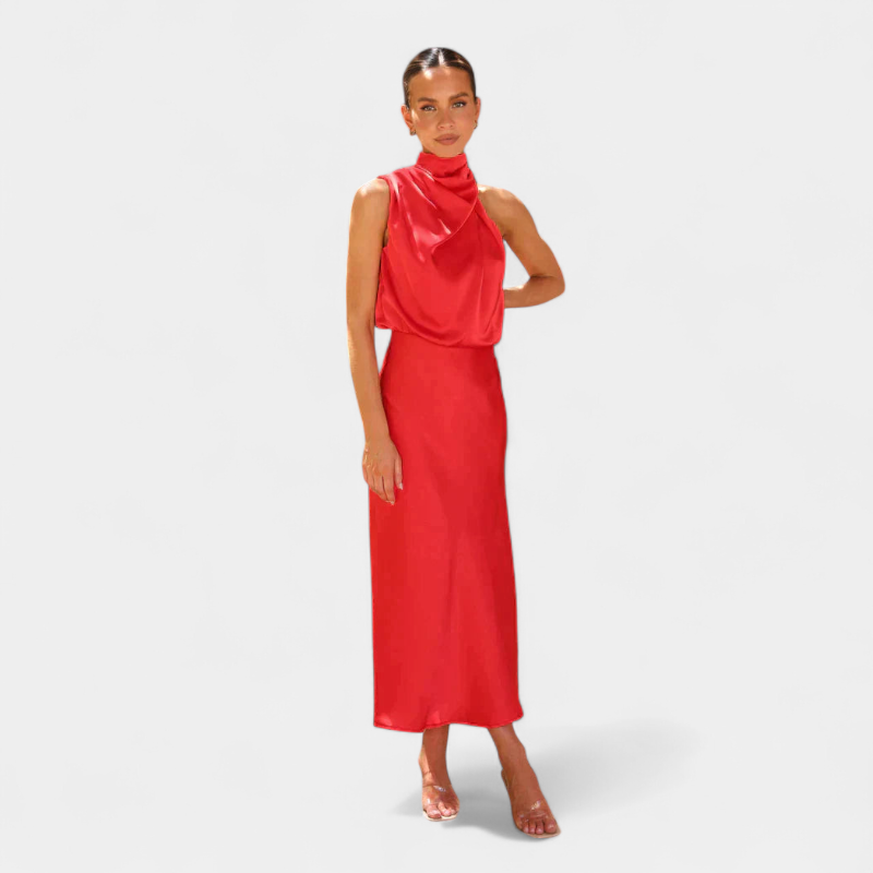 Gleame.-Party dress-Gleame Jurk - Satijnen midi-jurk met halternek en elegante plooival