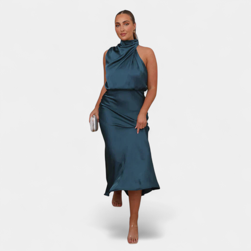 Gleame.-Party dress-Gleame Jurk - Satijnen midi-jurk met halternek en elegante plooival
