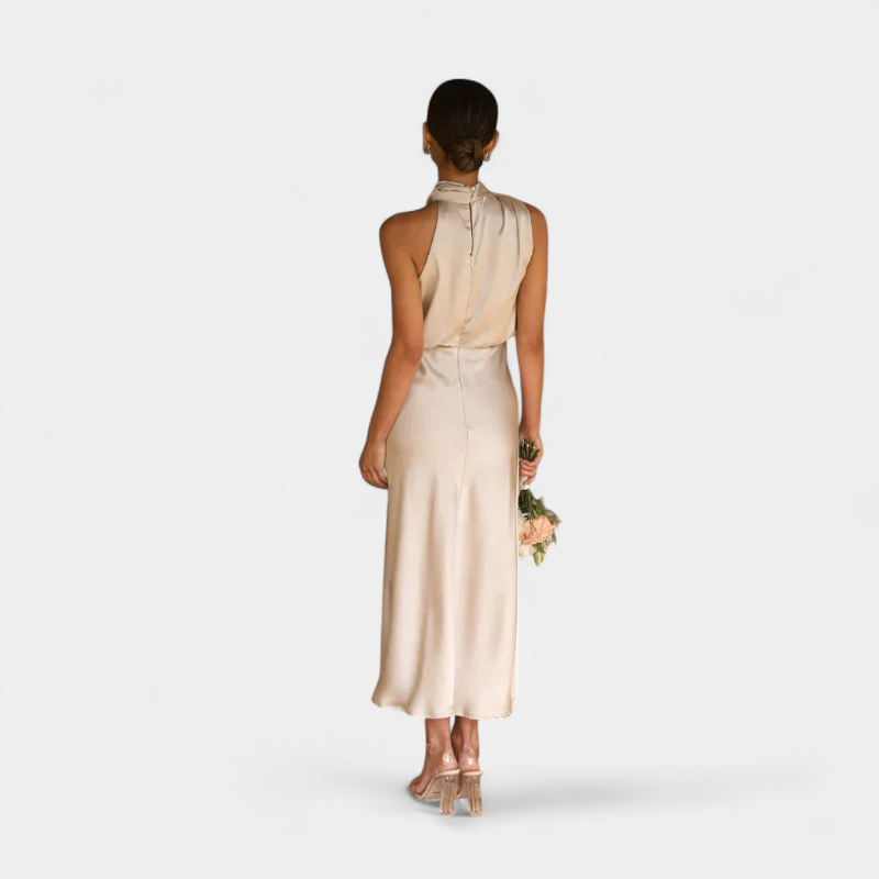 Gleame.-Party dress-Gleame Jurk - Satijnen midi-jurk met halternek en elegante plooival