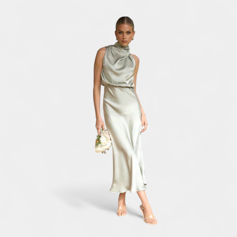 Gleame.-Party dress-Gleame Jurk - Satijnen midi-jurk met halternek en elegante plooival