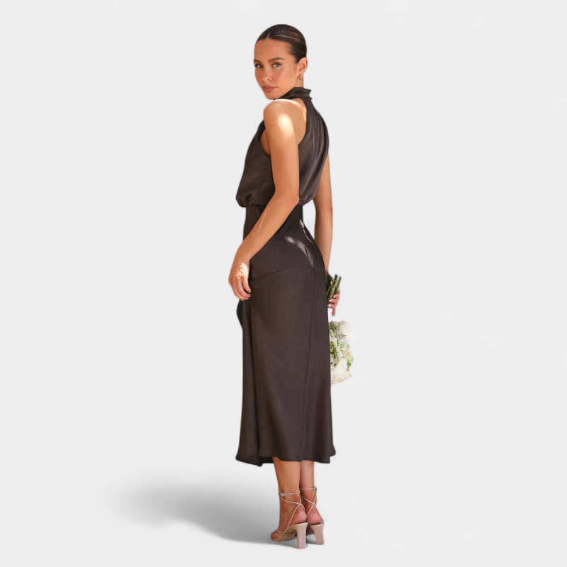 Gleame.-Party dress-Gleame Jurk - Satijnen midi-jurk met halternek en elegante plooival