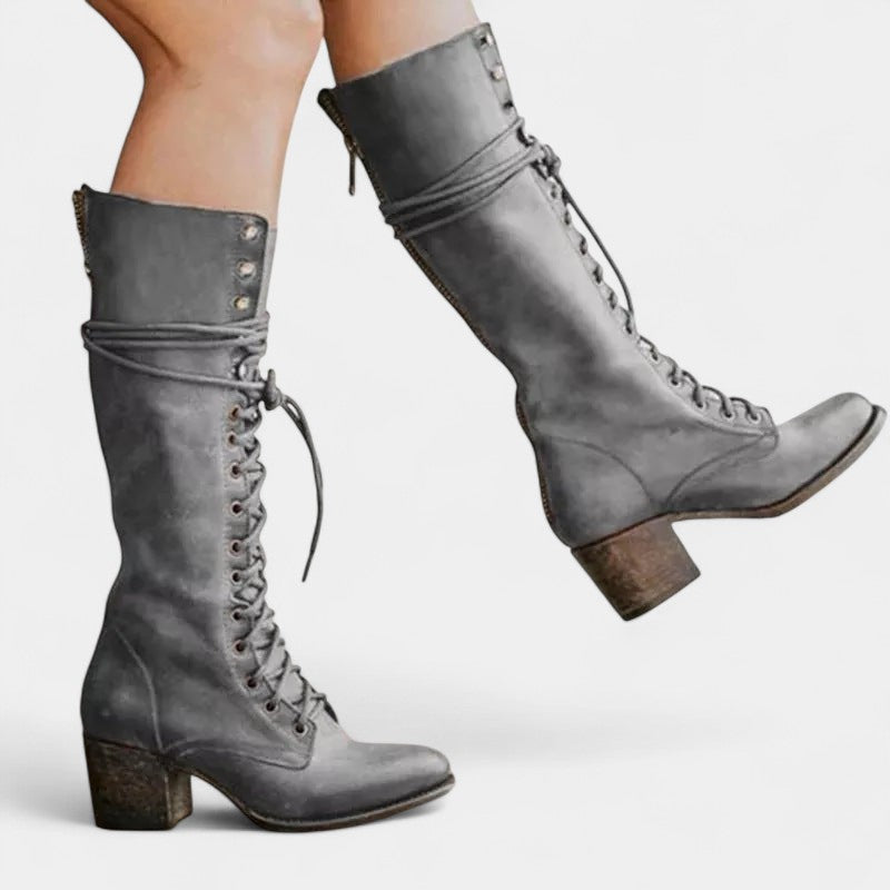 Gleame.-Schoenen-Gleame Dameslaarzen - Hoge veterlaarzen met zijrits en stevige hak