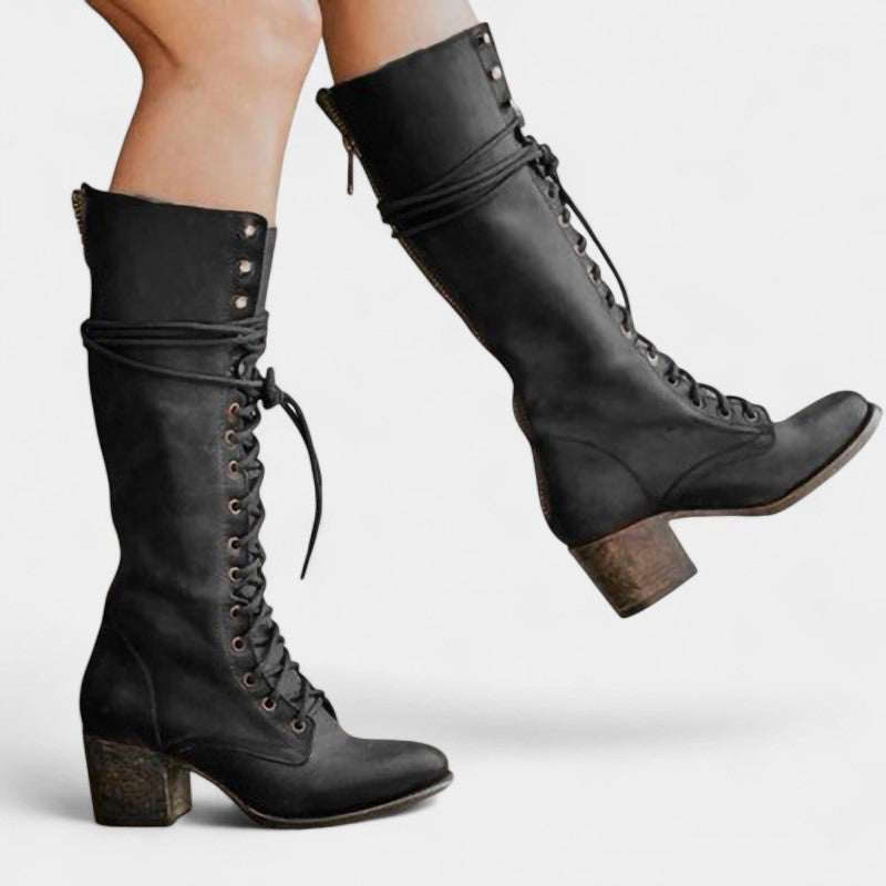Gleame.-Schoenen-Gleame Dameslaarzen - Hoge veterlaarzen met zijrits en stevige hak