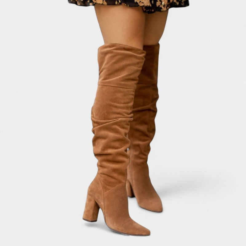 Gleame.-Schoenen-Gleame Dameslaarzen - Kniehoge laarzen met hoge hak en geplooid effect