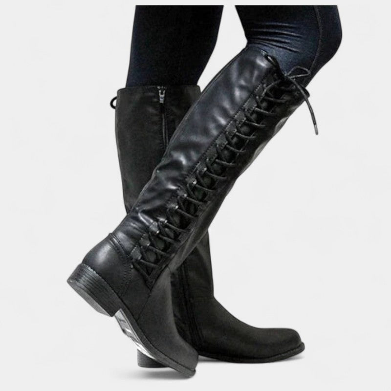 Gleame.-Schoenen-Gleame Dameslaarzen - Kniehoge veterlaarzen met zijrits en platte zool