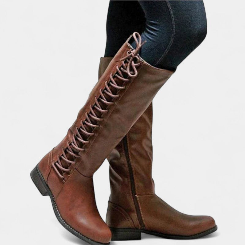 Gleame.-Schoenen-Gleame Dameslaarzen - Kniehoge veterlaarzen met zijrits en platte zool