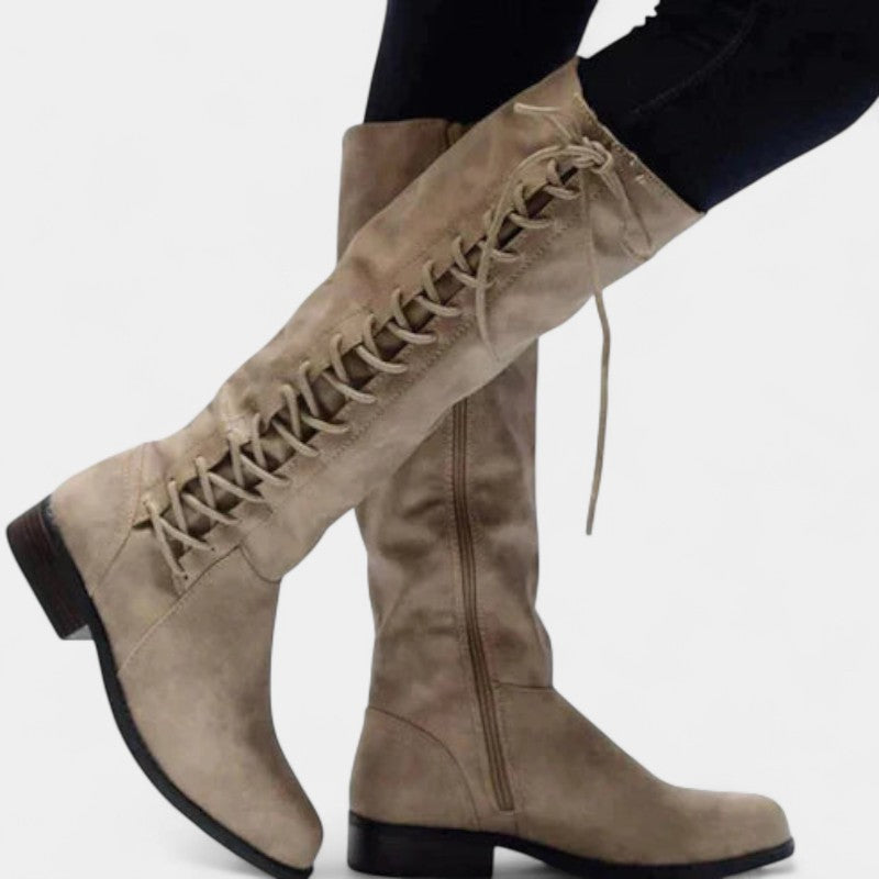 Gleame.-Schoenen-Gleame Dameslaarzen - Kniehoge veterlaarzen met zijrits en platte zool