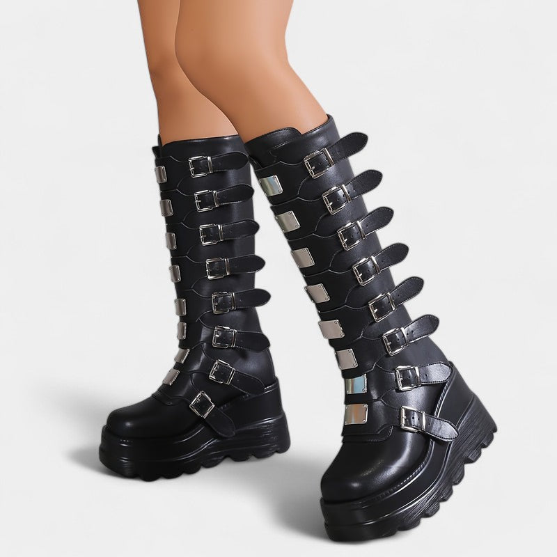 Gleame.-Schoenen-Gleame Dameslaarzen - Plateau laarzen met sleehak en gespsluitingen