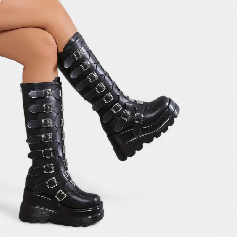 Gleame.-Schoenen-Gleame Dameslaarzen - Plateau laarzen met sleehak en gespsluitingen