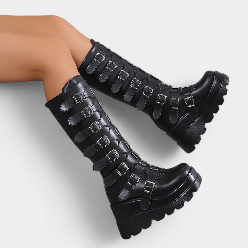 Gleame.-Schoenen-Gleame Dameslaarzen - Plateau laarzen met sleehak en gespsluitingen