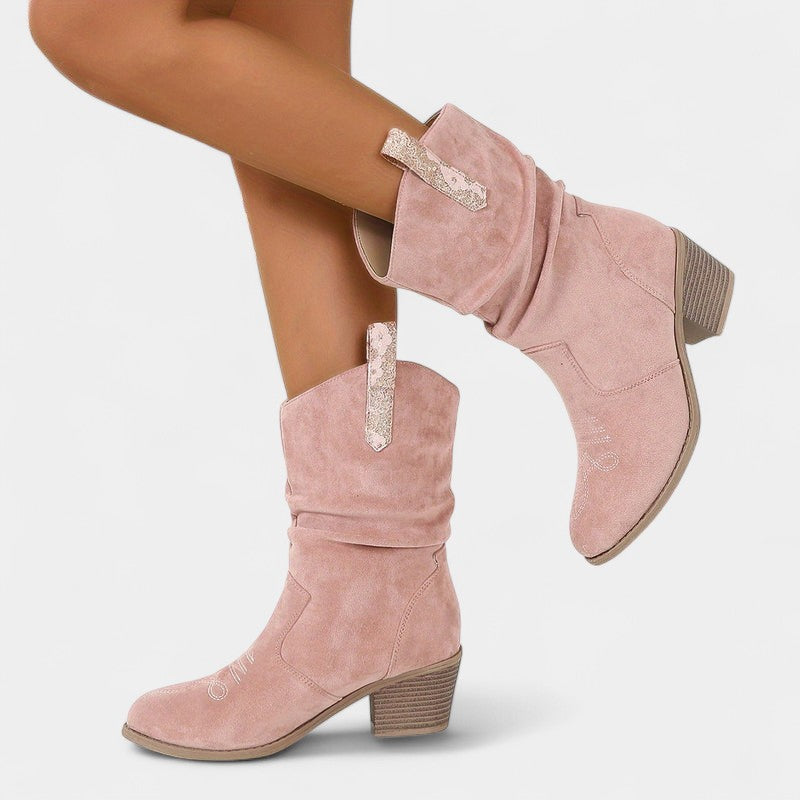 Gleame.-Schoenen-Gleame Dameslaarzen - Westernlaarzen met lage hak en lusdetails