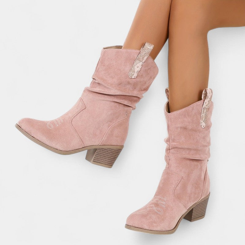 Gleame.-Schoenen-Gleame Dameslaarzen - Westernlaarzen met lage hak en lusdetails