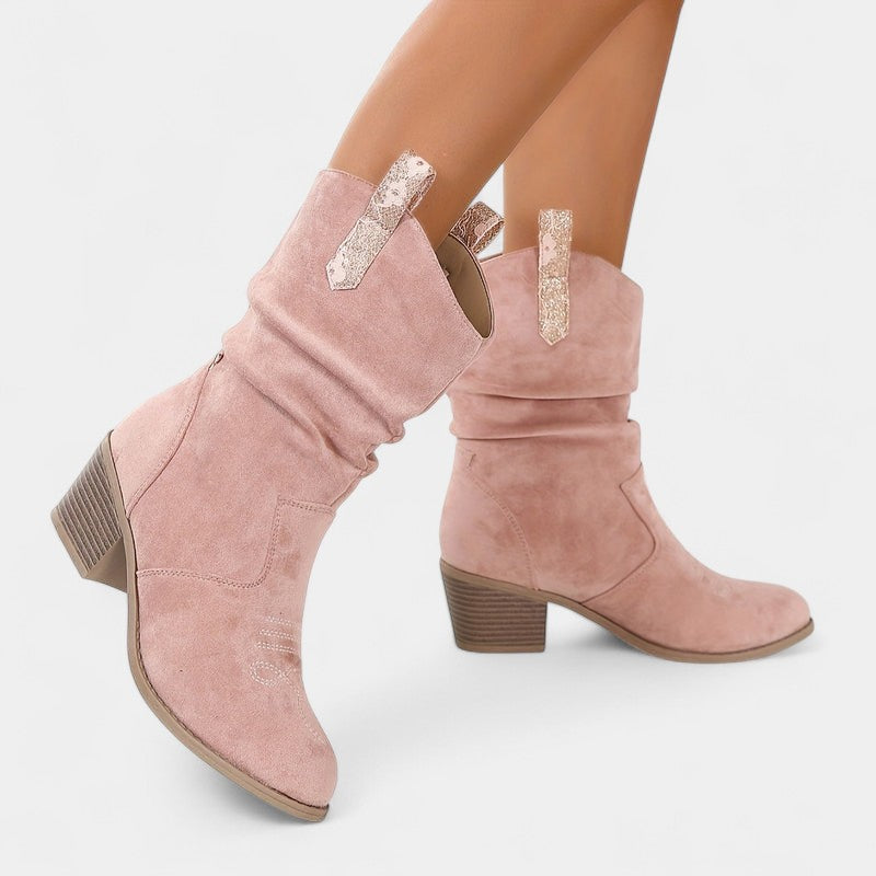 Gleame.-Schoenen-Gleame Dameslaarzen - Westernlaarzen met lage hak en lusdetails