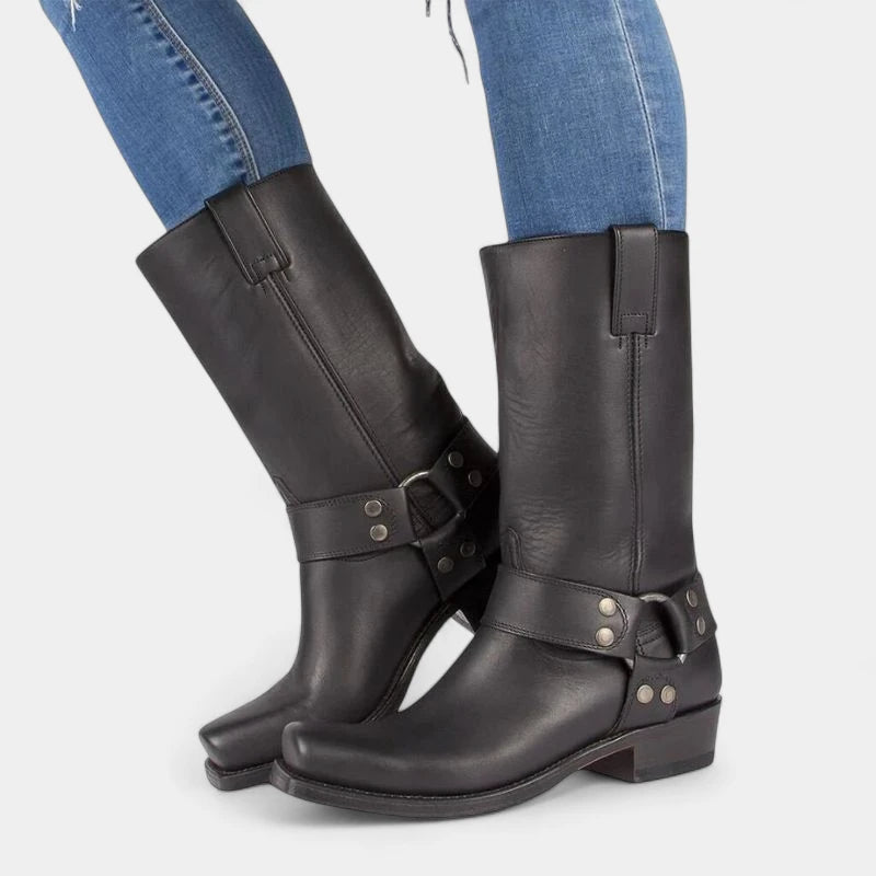 Gleame.-Schoenen-Gleame Laarzen – Dames cowboylaarzen van kunstleer met riemdetail en blokhak