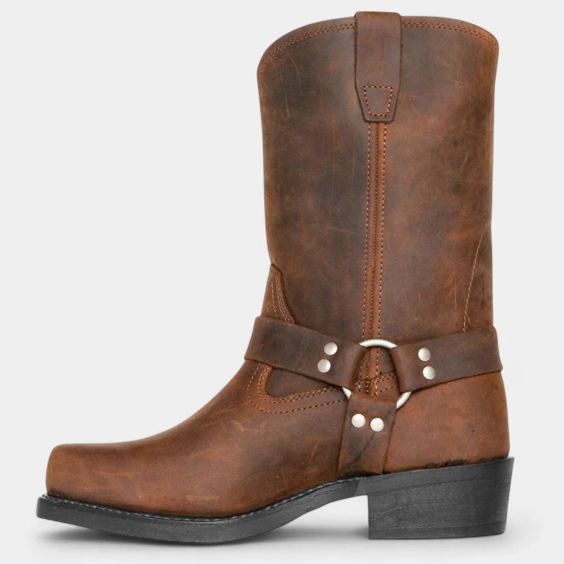 Gleame.-Schoenen-Gleame Laarzen – Dames cowboylaarzen van kunstleer met riemdetail en blokhak