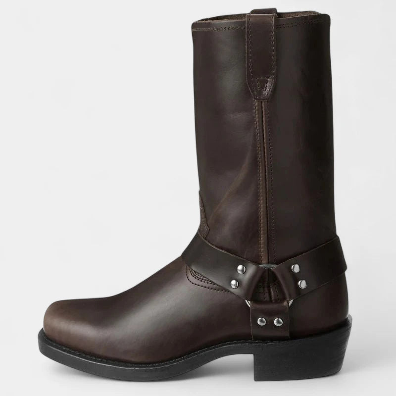 Gleame.-Schoenen-Gleame Laarzen – Dames cowboylaarzen van kunstleer met riemdetail en blokhak